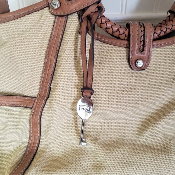 Fossil Womens Satchel Brown Fabric & Leather Braid Handles Key Charm Modern Vtg - Picture 6 of 16
